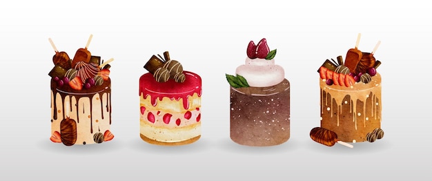 Collection of chocolate strawberries cakes in watercolor vector design