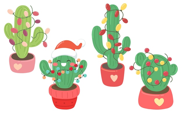 Collection of Christmas cacti with garlands Vector isolates on white background childrens print