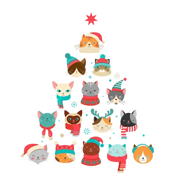 Collection of Christmas cats, Merry Christmas illustrations of cute cats with accessories like a knited hats, sweaters, scarfs