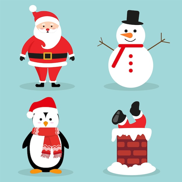 Collection of Christmas characters Santa Claus Snowman and Penguin Vector Illustration