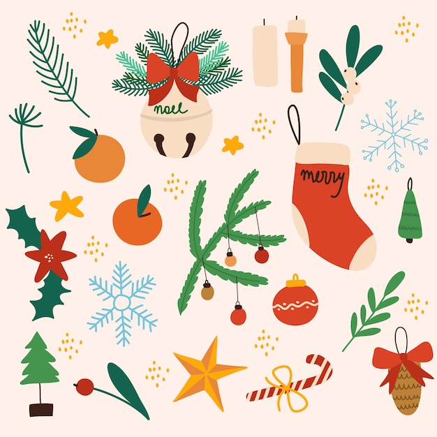 Collection of christmas decorations colorful vector hand drawn illustation