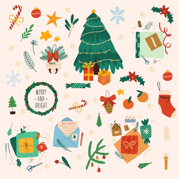 Collection of Christmas decorations, holiday gifts,christmas tree. Colorful vector hand drawn illustation. All elements are isolated.