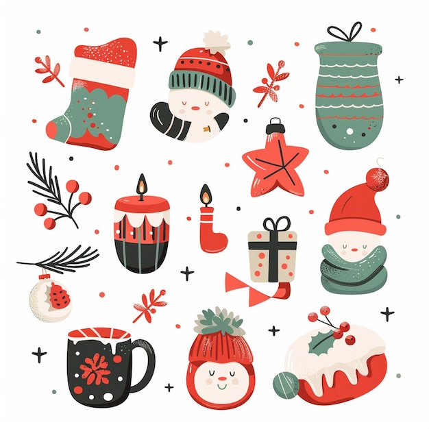 Vector a collection of christmas decorations including santa snowman and santa