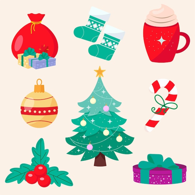 Collection of Christmas drawn elements for the holiday Vector illustration