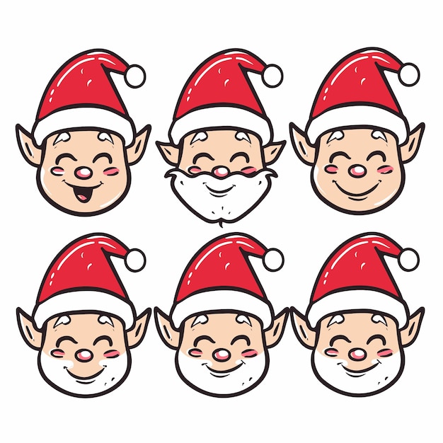 Collection Christmas elves faces wearing red Santa hats joyful cartoon expressions Festive