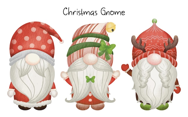 Collection Christmas Gnome Merry Christmas. Hand drawn vector illustration watercolor cute gnome.