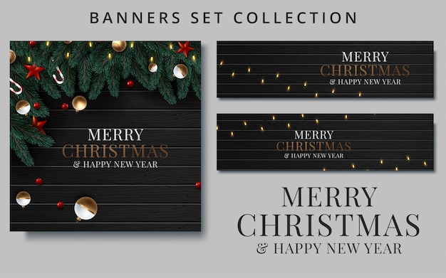 Collection Christmas and New Year with border or garland of Christmas tree branches