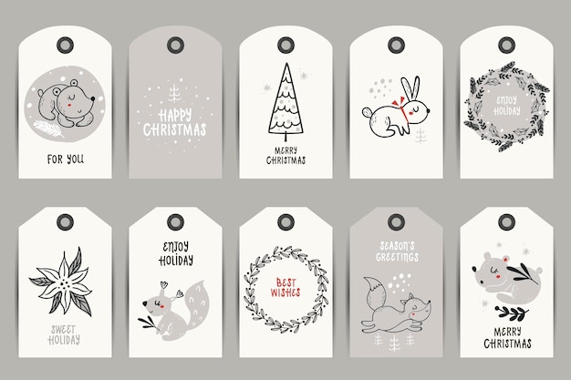 Collection of Christmas tags with forest animals wreaths and trees