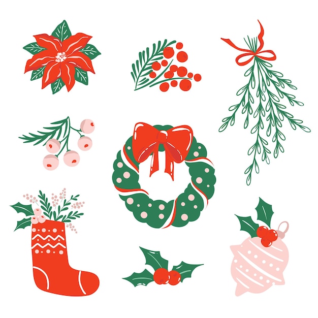 Collection of Christmas theme illustrations isolated on white background Holiday season clipart