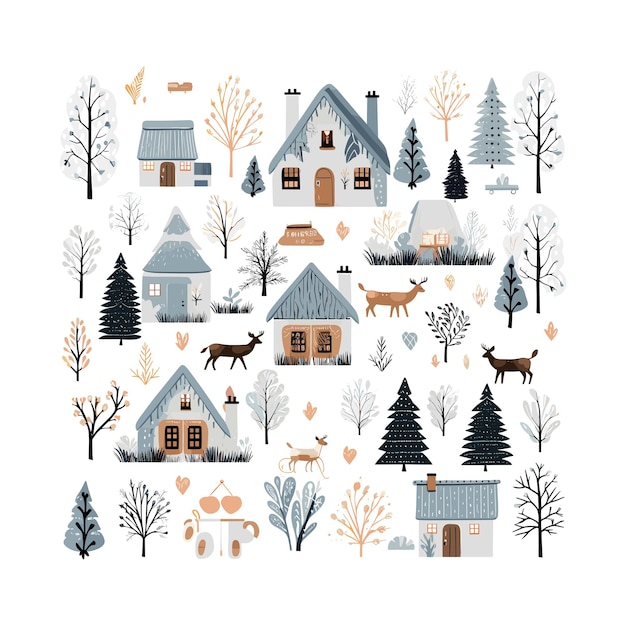 a collection of christmas trees and snowflakes including a house trees and snow