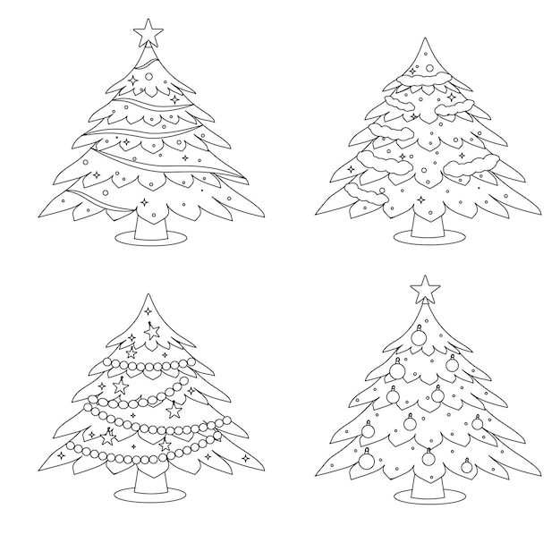 Collection of Christmas trees in the style of the line Vector illustration