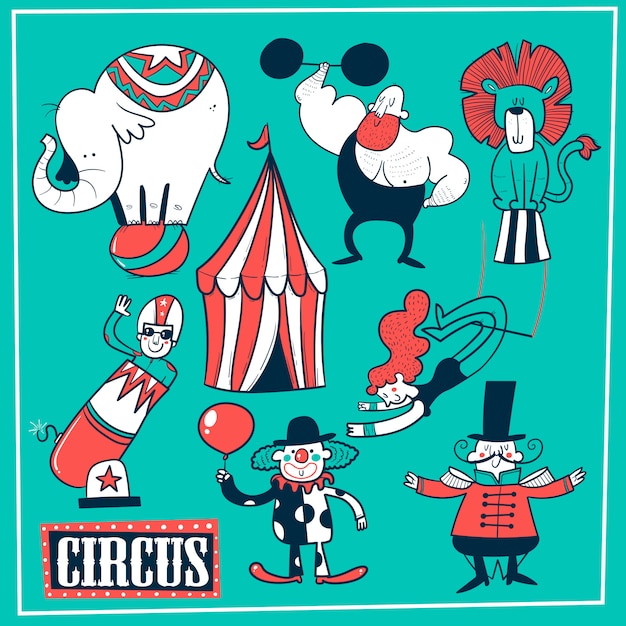 Collection of circus tent and funny show performers - clown, strongman, acrobats, trapeze artist. vector illustration in cartoon style.