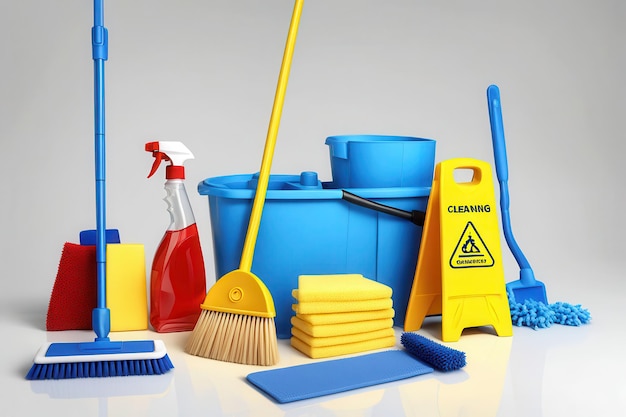 Vector a collection of cleaning tools including a yellow and blue container with a caution sign