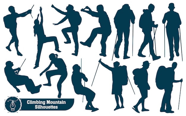 Collection of Climbing in mountains silhouettes in different poses