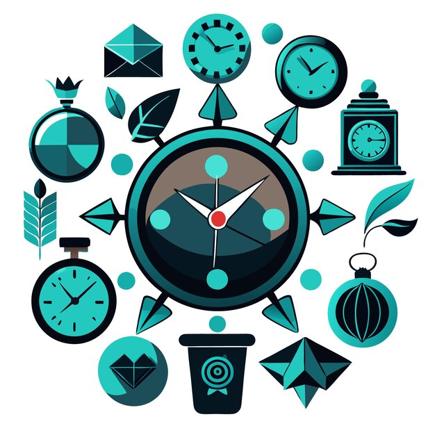 Vector a collection of clocks and timerelated icons in a circular layout