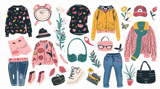 a collection of clothes including a hat sunglasses and a hat