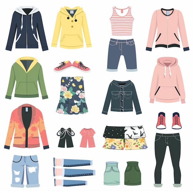 Vector a collection of clothes including one that has a sweater on it