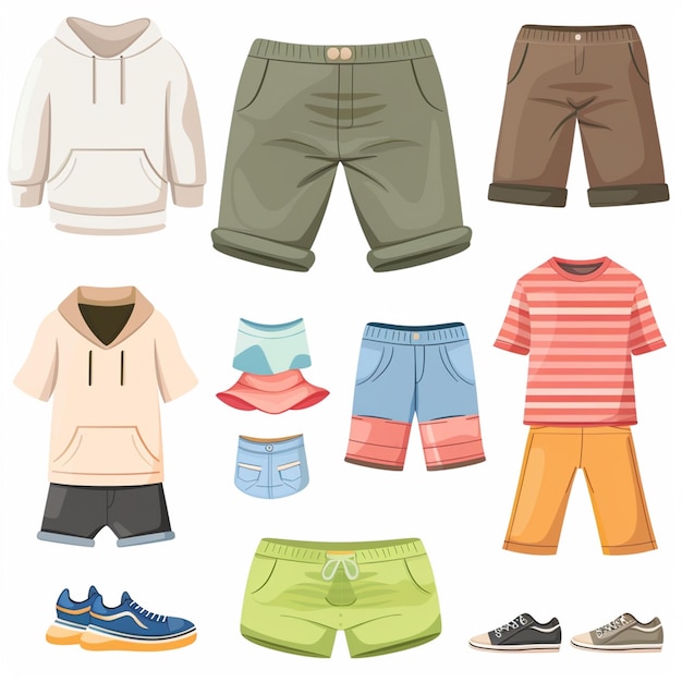 Vector a collection of clothes including one with a shirt that says shorts