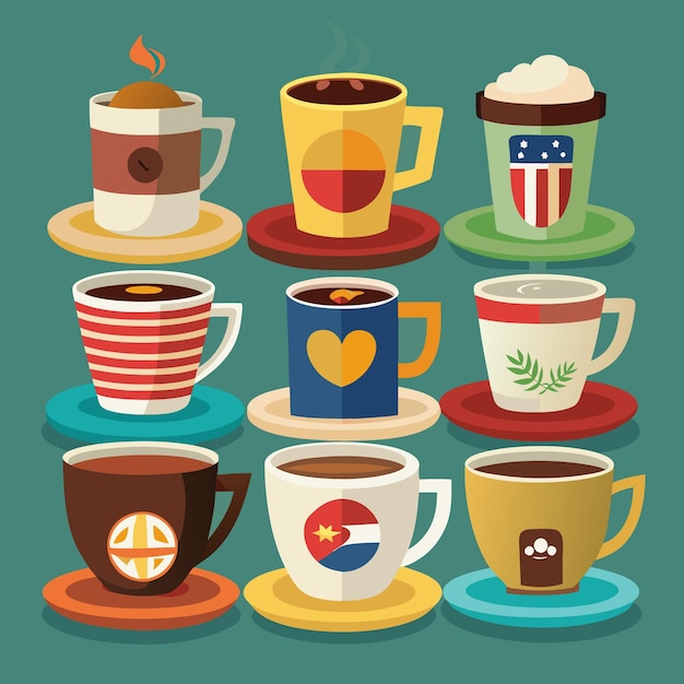 a collection of coffee cups and saucers with the word  usa  on the top