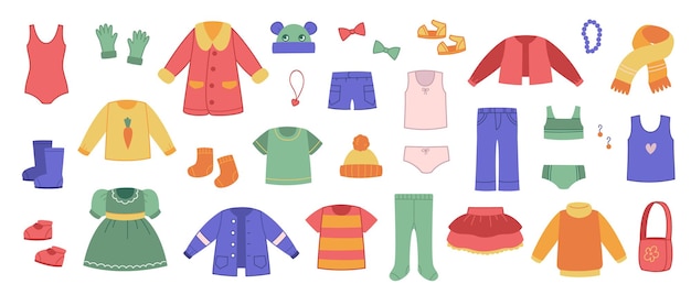 Collection of colored children s clothing. Vector Set of wardrobe items. Children s clothing for winter and summer. Isolated clipart dress, accessories and trousers on a white background fun