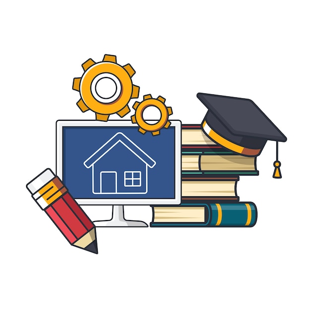 Collection colored thin icon of house design learning subject pencil gear book graduated hat learning and education concept vector illustration