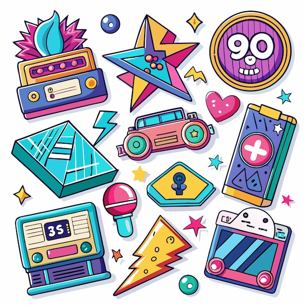 A collection of colorful 90s cartoon icons including a boombox a car a phone and a microphone