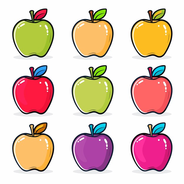 Vector collection colorful apples cartoon style healthy fruit theme green yellow red purple apples