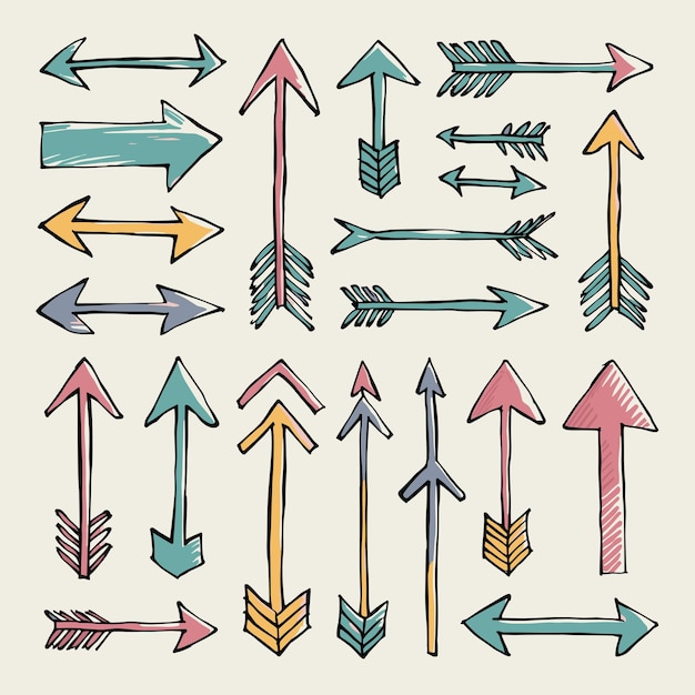 Collection of colorful arrows drawn in various styles and directions on a light background