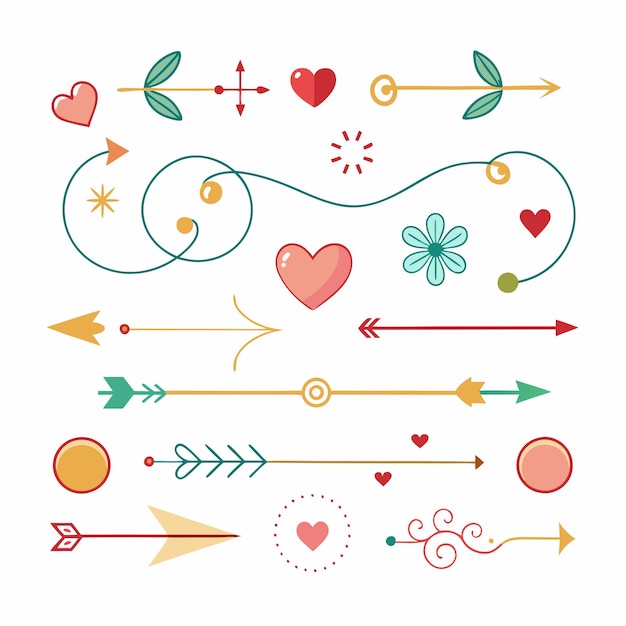 a collection of colorful arrows and hearts with a flower on the bottom