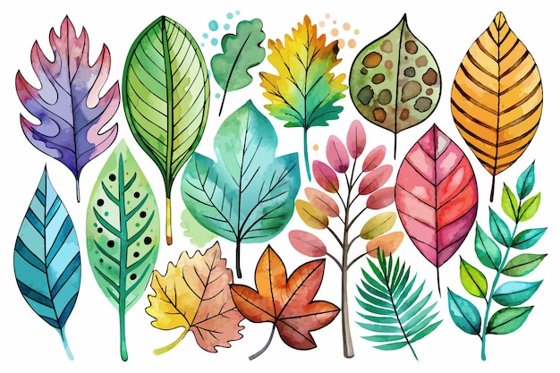 Vector a collection of colorful autumn leaves and trees