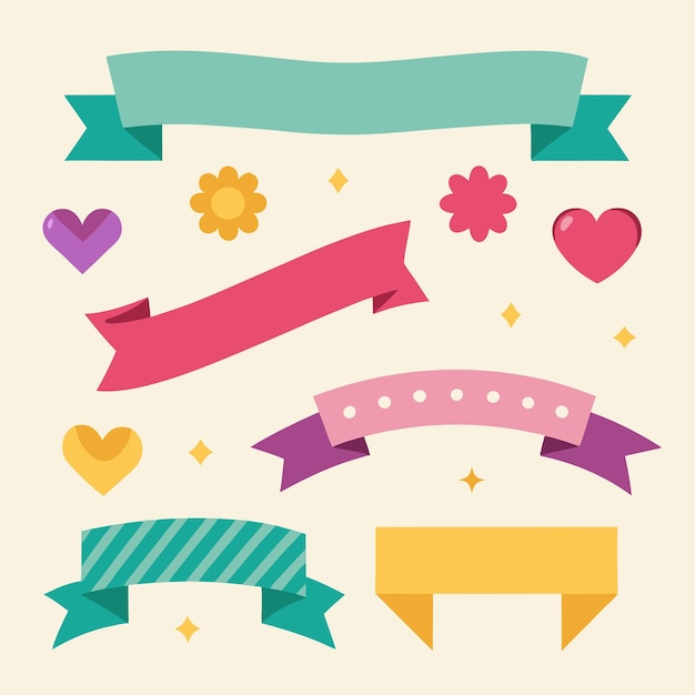 Vector a collection of colorful banners including a ribbon and a ribbon with hearts and hearts