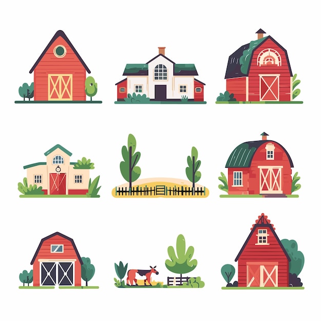 Vector collection colorful barns farmhouses flat vector illustrations surrounded greenery cartoonstyle