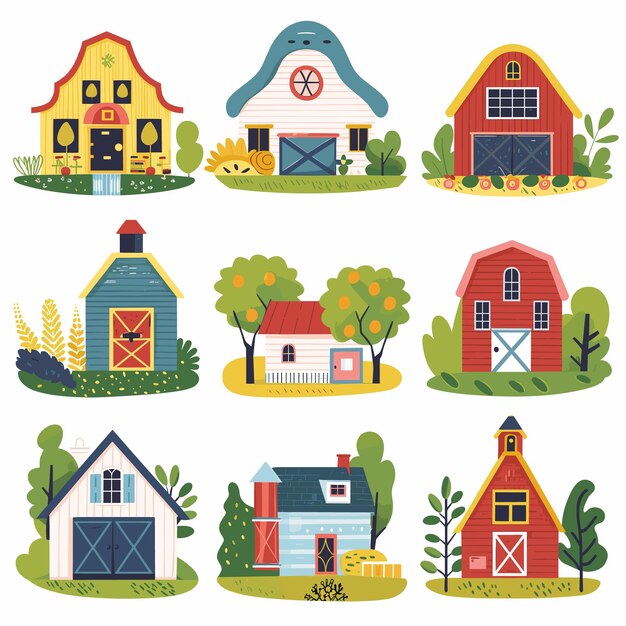 Vector collection colorful barns farmhouses surrounded greenery different styles rural architecture