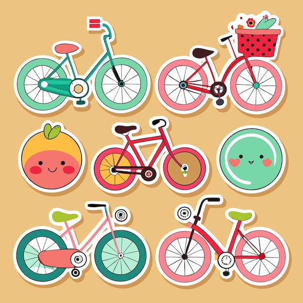 A collection of colorful cartoon bicycles and cheerful faces with simple backgrounds