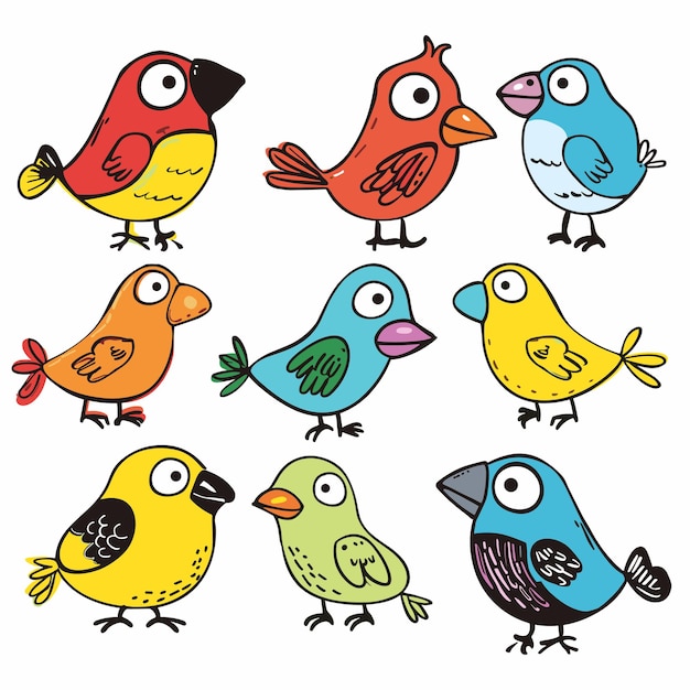 Collection colorful cartoon birds various poses expressions handdrawn style multiple cute avian