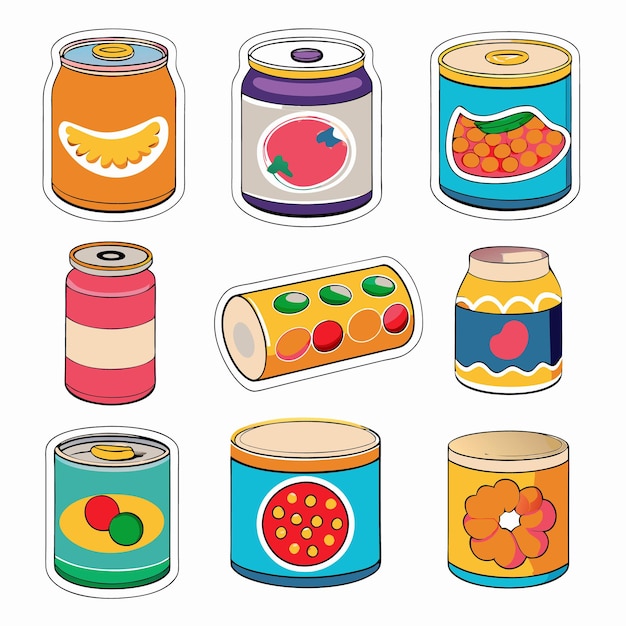 Collection of colorful cartoon cans jars and tubes of different shapes and sizes