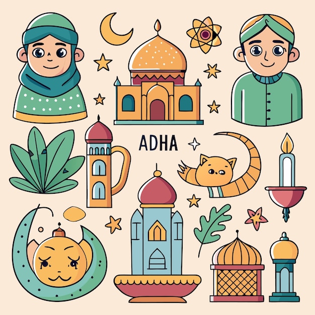 A collection of colorful cartoon illustrations depicting elements of Islamic culture including a mosque crescent moon stars and people wearing traditional clothing