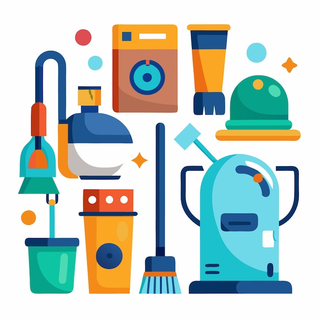 Collection of colorful cleaning supplies including a vacuum mop broom bucket spray bottle and cleaning product