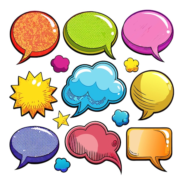 Collection of colorful comic book speech bubbles in different shapes and sizes