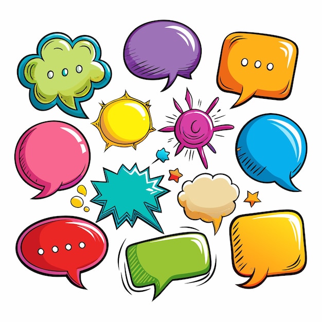 A collection of colorful comic book style speech bubbles with stars and thought bubbles on white background