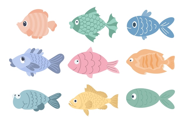 Collection of colorful cute sea fishes Icons in cartoon style for children vector