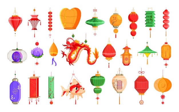 Collection of colorful detailed illustrations with Chinese lanterns Decorative Asian elements