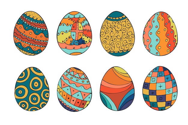 Collection of colorful easter eggs in doodle style Hand drawn vector illustration