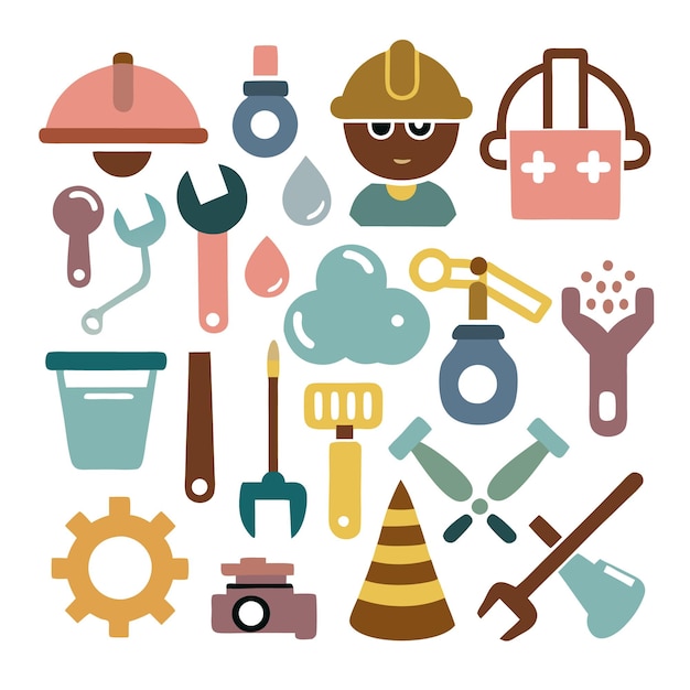 Collection of colorful flat icons representing tools construction and safety equipment