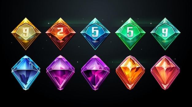 a collection of colorful gems with the number 5 on the bottom