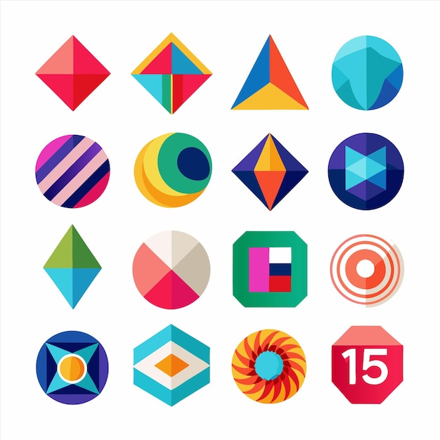 Vector a collection of colorful geometric designs including one that says number 15