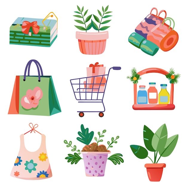 Collection of colorful gift boxes shopping bags potted plants and a shopping cart