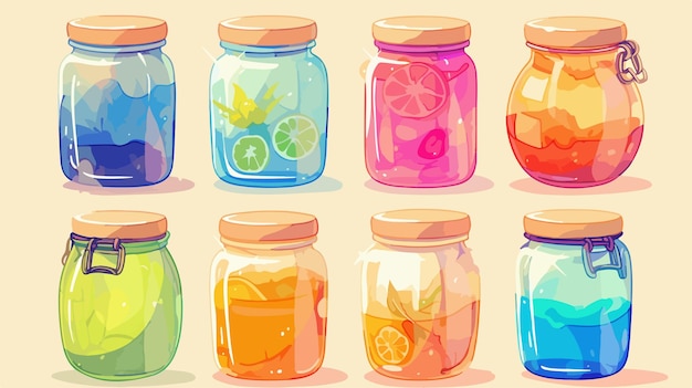 a collection of colorful glass jars with oranges and lemons