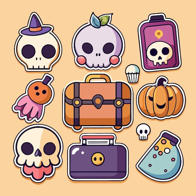 Vector a collection of colorful halloween stickers featuring skulls pumpkins a spooky treasure chest and more