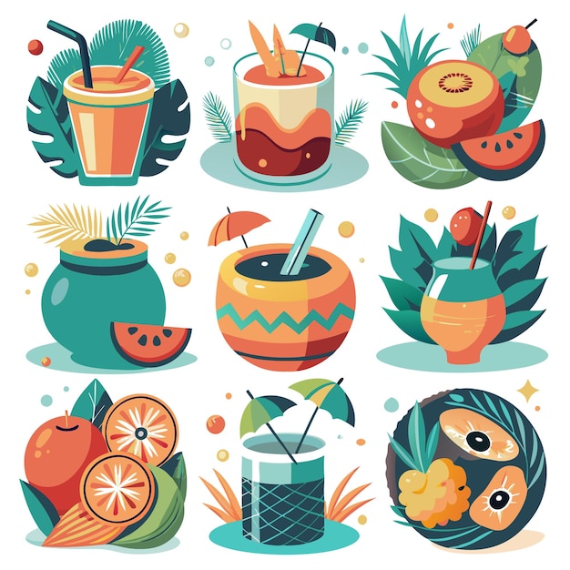 Vector a collection of colorful illustrated drinks and fruits in a playful style